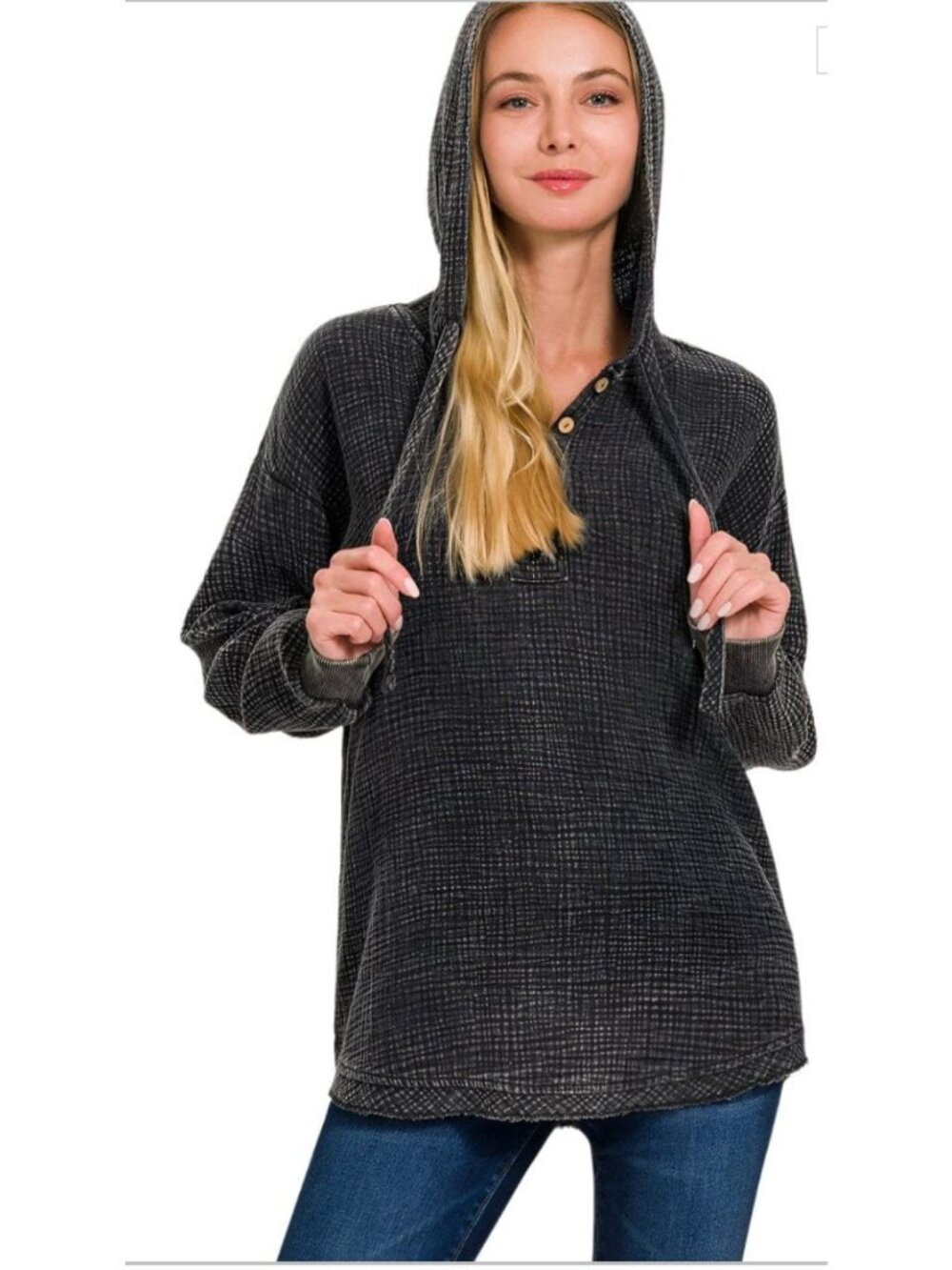 Zenana Washed Gauze Button Pullover Hoodie in Ash Black - Sz M